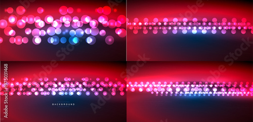 Four abstract backgrounds. Red, pink, blue bokeh lights create festive, glowing patterns. Dark gradients enhance visual depth.