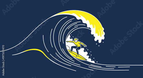 Graceful Surfer Riding A Massive Ocean Wave Artistic Minimalist Style