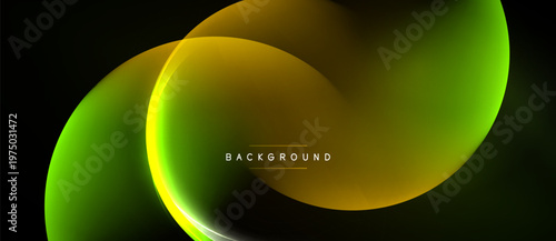 Abstract fluid shapes overlap, creating vibrant gradients. Yellow, green hues dominate dark background. Modern design element.
