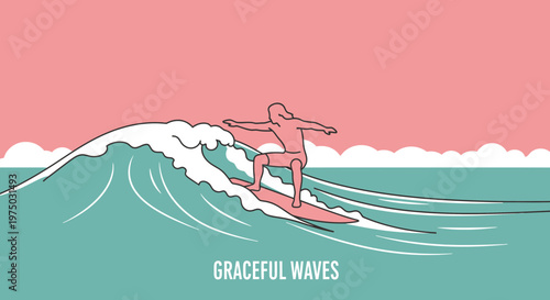 Graceful Surfer Riding Ocean Wave Minimalist Style