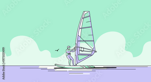 Graceful Windsurfer Riding Waves Under Serene Sky Minimalist Art