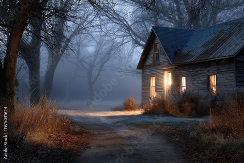Dark night scene with trees and a house.