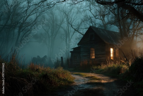 Dark night scene with trees and a house.