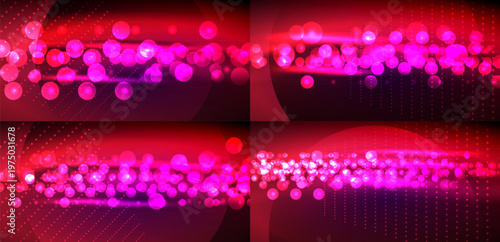 Bright bubbles float over dark red backgrounds. Patterns create dynamic visual effect. Festive, vibrant, modern design elements present.