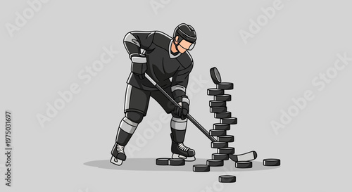 Ice Hockey Player Skillfully Stacks Pucks Demonstrating Precision And Focus