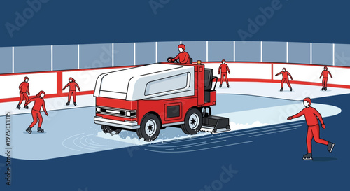 Ice Rink Maintenance Zamboni Cleaning And Skaters Enjoying The Frozen Surface