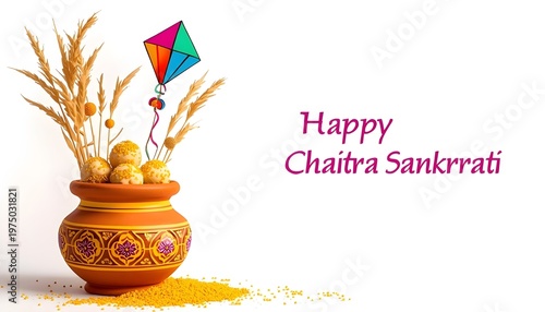 Happy Chaitra Sankrrati celebration background with traditional pot sweets wheat stalks and colorful kite on white