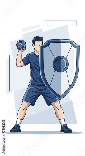 Handball Player Defends Goal With Shield Awaiting Incoming Ball