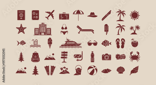 Set of Summer Vacation and Travel Vector Icons Including Beach, Sea, Hotel and Adventure Elements.