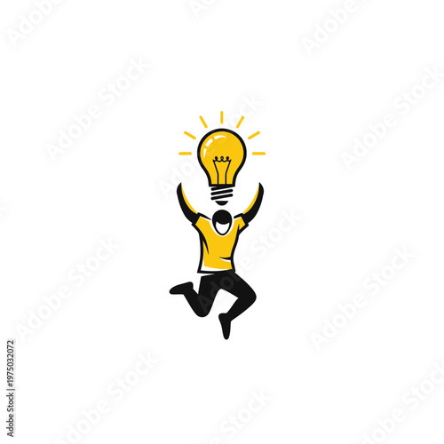 Illustrative Person Holding Bright Light Bulb Above Head Joyful Concept