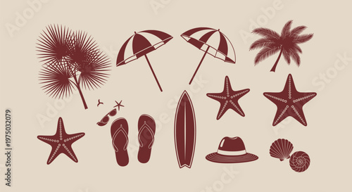 Summer Beach Vacation Icon Set with Palm Trees Starfish Surfboard and Flip Flops Silhouettes Art