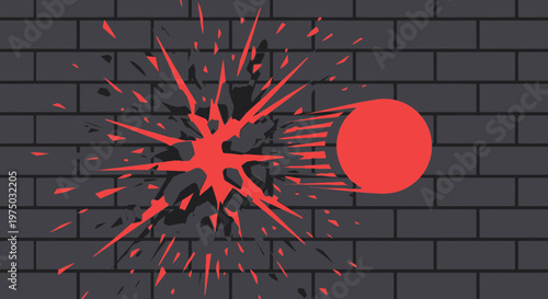 Impact Burst Through Brick Wall Red Sphere Breaking Barrier
