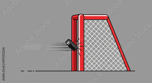 Hockey Puck Impacting Goal Post Dynamic Action Shot