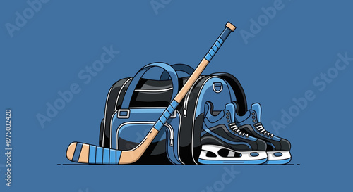 Ice Hockey Gear Bag With Stick And Skates Minimalist Flat Design