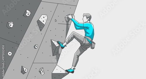 Indoor Rock Climbing Athlete Ascending Textured Wall With Colorful Holds