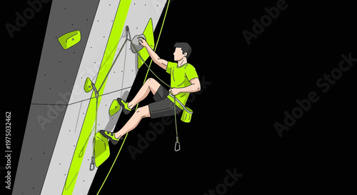 Indoor Rock Climbing Athlete Ascending Artificial Wall with Bright Holds
