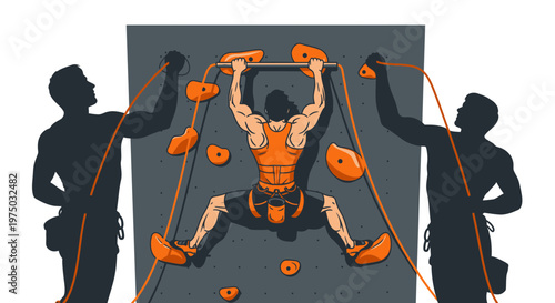 Indoor Rock Climbing Teamwork and Athlete Training Illustration