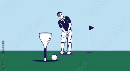 Illustrative Golfer Putt On Green With Flag And Futuristic Tee