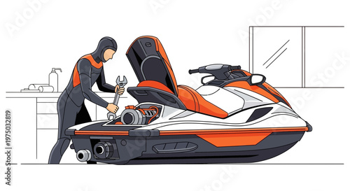 Jet Ski Maintenance A Diver Works On A Personal Watercraft Engine