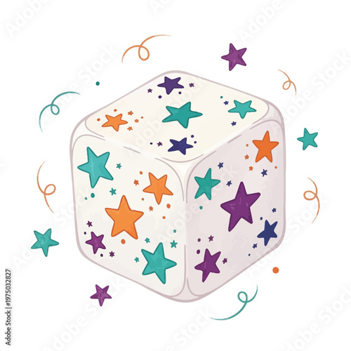 A colorful illustration of a dice with stars and confetti.