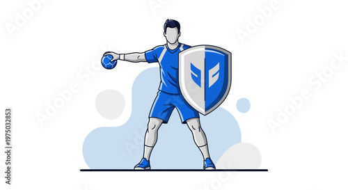 Illustrative Handball Player With Defensive Shield And Ball