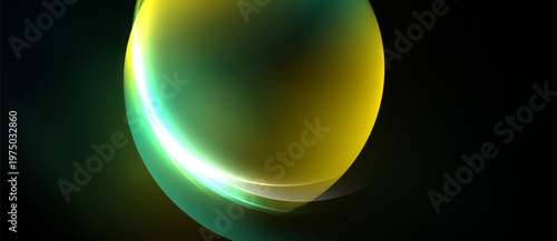 Abstract glowing orb dominates dark background. Yellow, green hues blend creating smooth gradients. Minimalist design evokes energy, depth.
