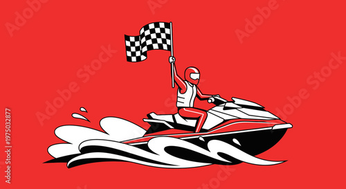 Jet Ski Racer Celebrates Victory With Checkered Flag Wave