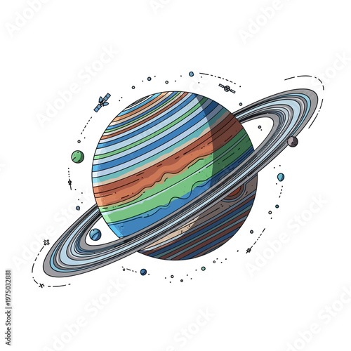 A colorful illustration of planet Saturn.