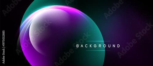Abstract design features flowing purple, teal layers over black background. Modern, dynamic visual presentation. Simple text label present.