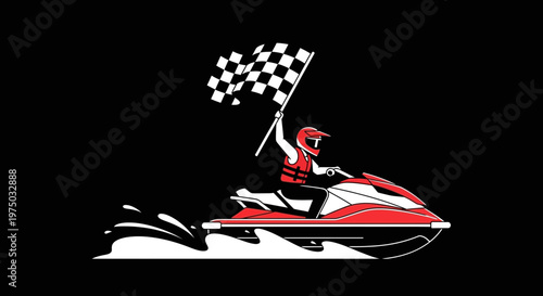 Jet Ski Racer Victorious With Chequered Flag On Black Background