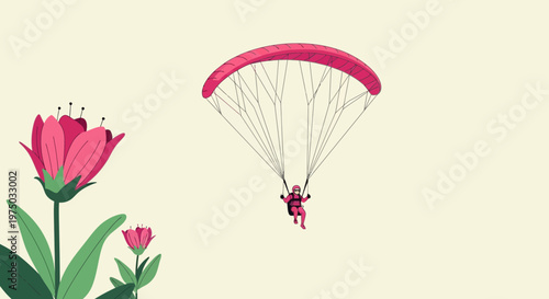 Joyful Paraglider Soars Amidst Blooming Spring Flowers
