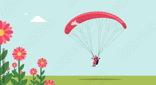 Joyful Paraglider Soars Above Blooming Spring Fields