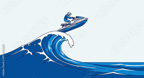 Jet Ski Rider Surfing A Large Blue Ocean Wave With Excitement