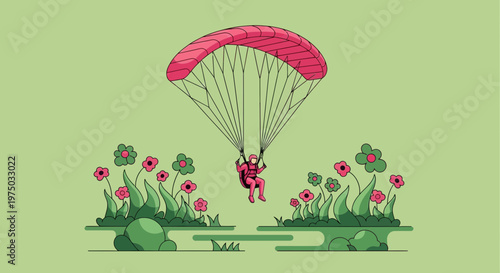 Joyful Paragliding Adventure Above Blooming Meadows