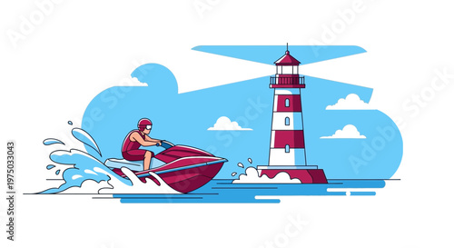 Jet Skiing Adventure Beside Iconic Lighthouse Tower Dynamic Coastal Recreation