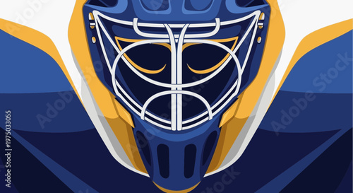Intense Hockey Goalie Mask Close Up In Blue and Gold