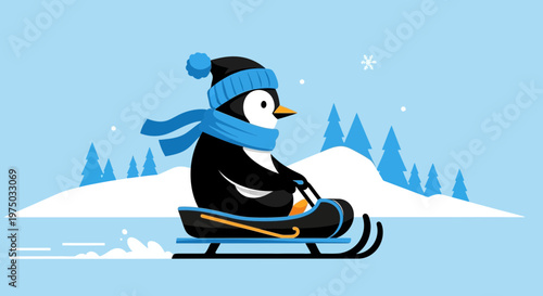 Joyful Penguin Rides Sled Down Snowy Hillside