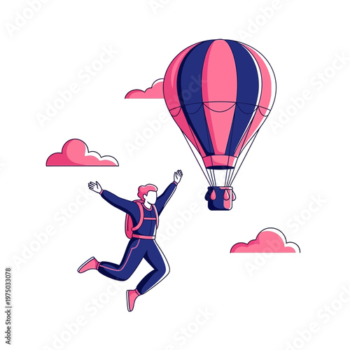 Joyful Person Leaping Towards Vibrant Hot Air Balloon Adventure
