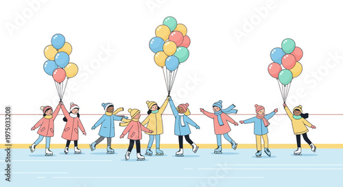 Joyful Children Ice Skating Together Holding Colorful Balloons