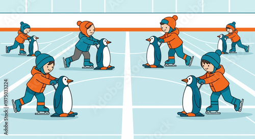 Joyful Children Ice Skating With Adorable Penguin Companions On A Rink