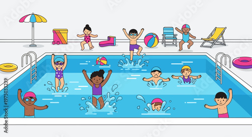 Joyful Children Splashing and Playing in a Bright Blue Swimming Pool