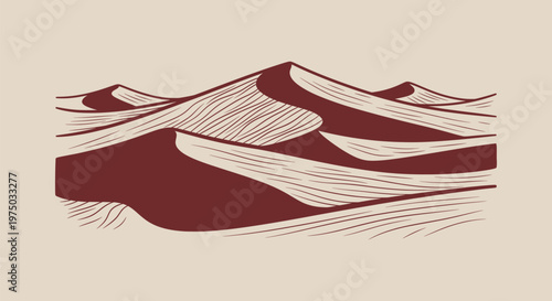 Minimalist Stylized Desert Sand Dunes Landscape Illustration in Vintage Hand Drawn Line Art Style