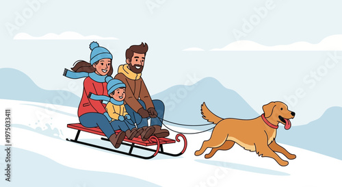 Joyful Family Sledding Adventure With Beloved Canine Companion Through Snowy Landscape