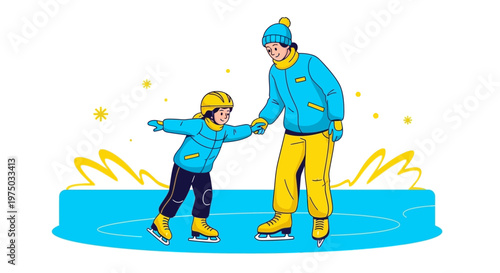 Joyful Father and Child Ice Skating Together In Winter Wonderland