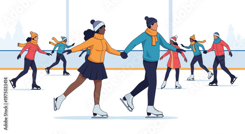 Joyful Winter Ice Skating Activity With Friends and Family on a Rink