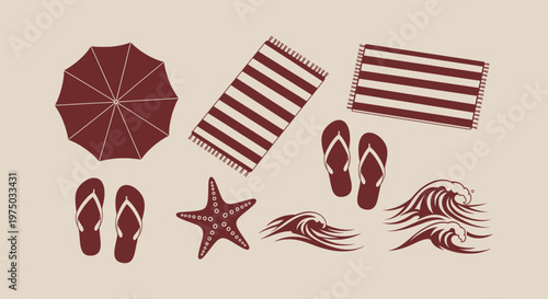 Vintage Summer Beach Vacation Icon Set with Sun Umbrella Towels Flip-flops Starfish and Sea Waves