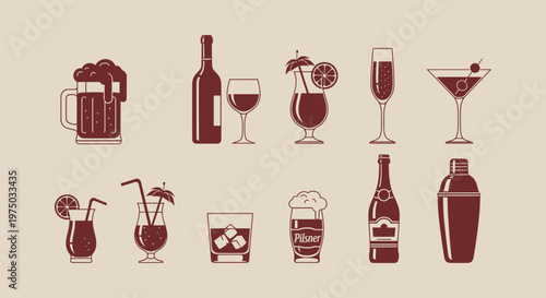 Set of vector alcoholic beverage icons featuring beer wine cocktails and bar tools in flat style