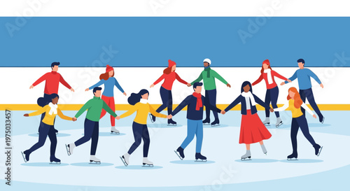 Joyful Group Ice Skating Fun On A Winter Rink