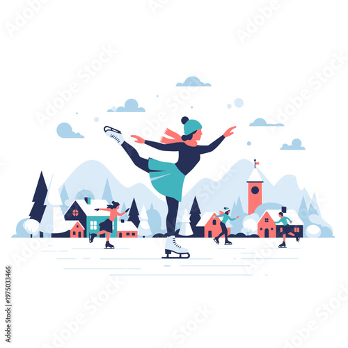 Joyful Winter Ice Skating Scene with Charming Village Backdrop