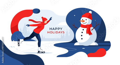 Joyful Winter Ice Skating with Friendly Snowman Illustration